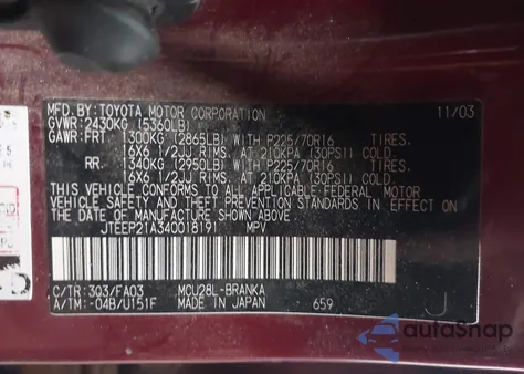 2004 Toyota Highlander V6 from USA, damaged, VIN JTEEP21A340018191